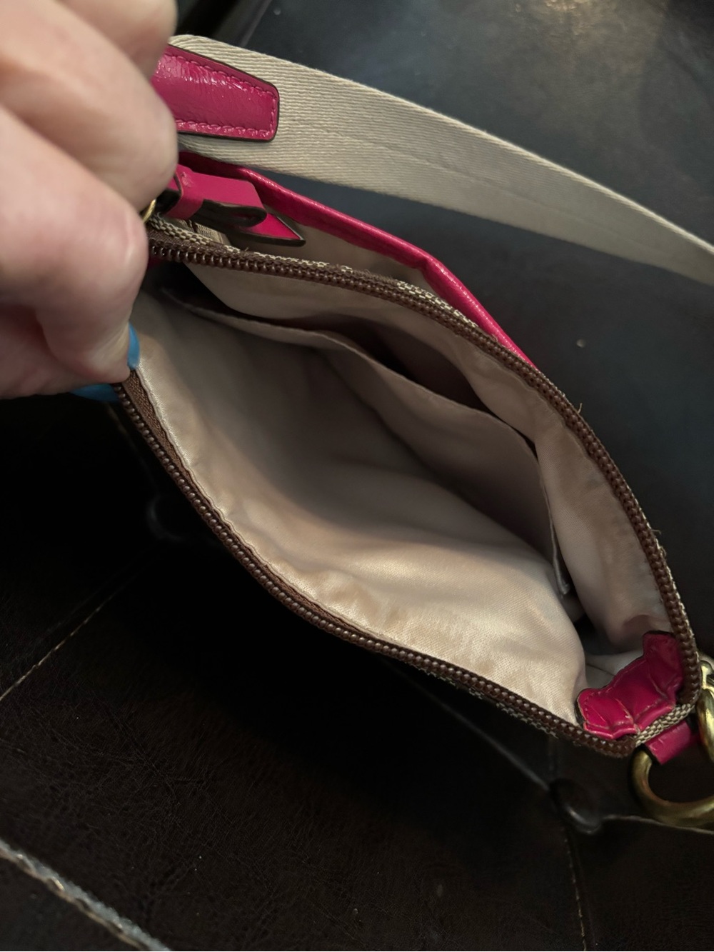 Coach Brown Signature Crossbody with Pink Stripe and White Strap - Picture 4 of 13